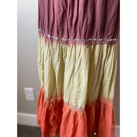 Kaaku Multicolor Ombre Gauzy 100% Cotton Sequence Tiered Boho Hippie Midi Skirt - Picture 3 of 6